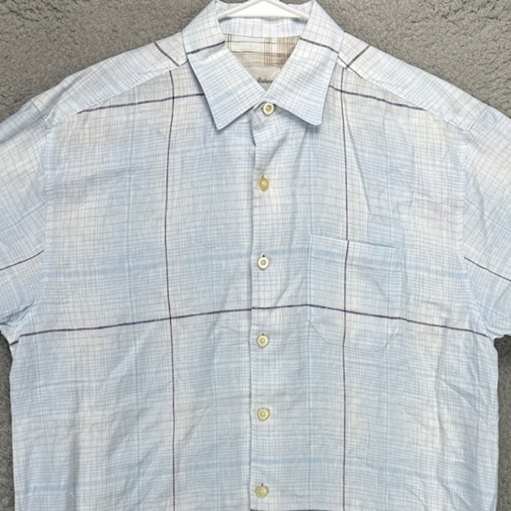 Tommy Bahama Linen Shirt Button Up Mens Medium Light Blue White Plaid Pocket‎